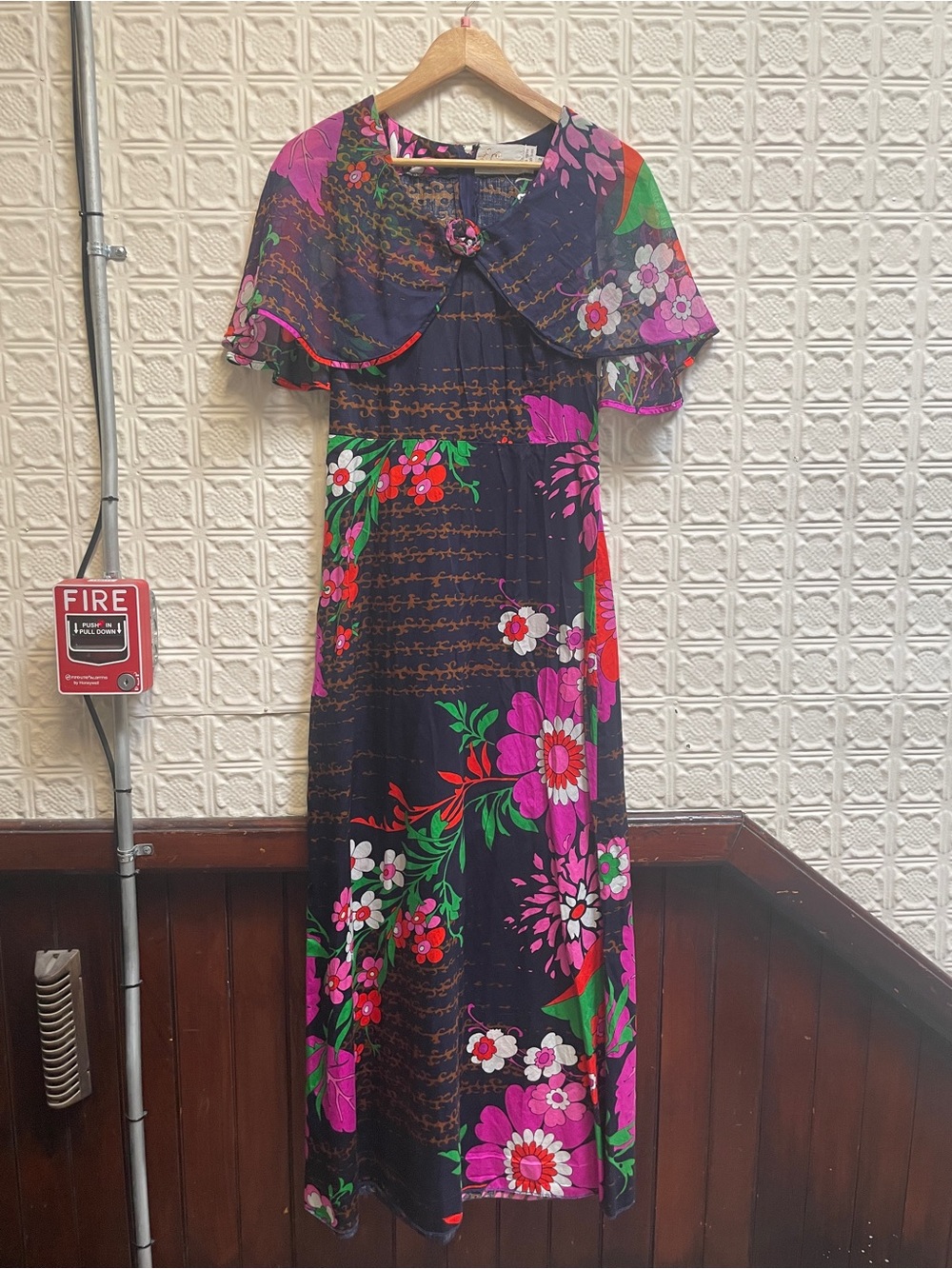 Vintage Ero Cotton Maxi Dress with Capelet - Navy & Pink
